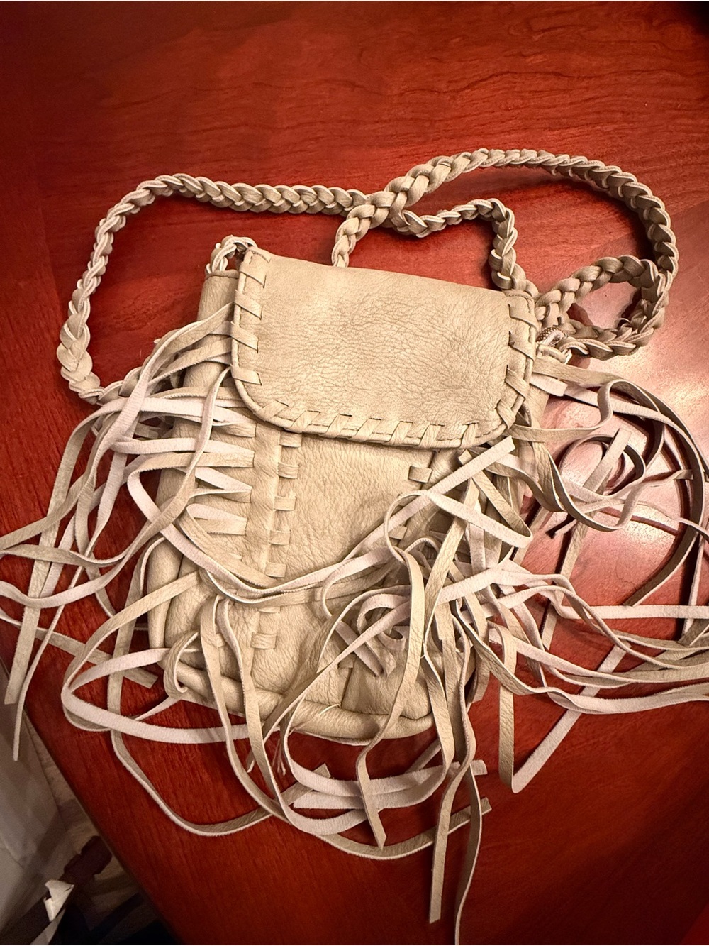 Fringed Crossbody Bag in Light Beige with Braided Strap